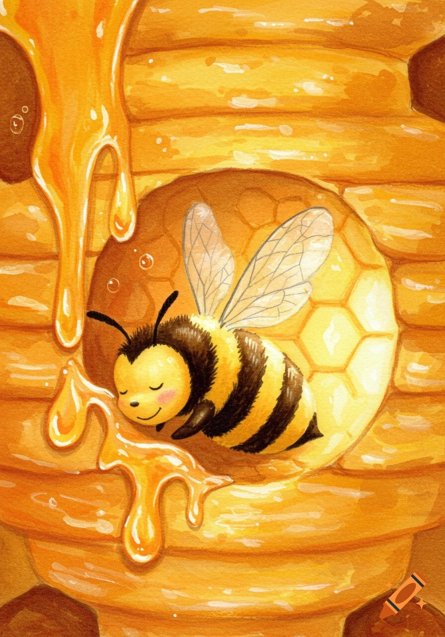 Cute watercolor illustration of a sleeping honeybee nestled in a cozy beehive with honey dripping.