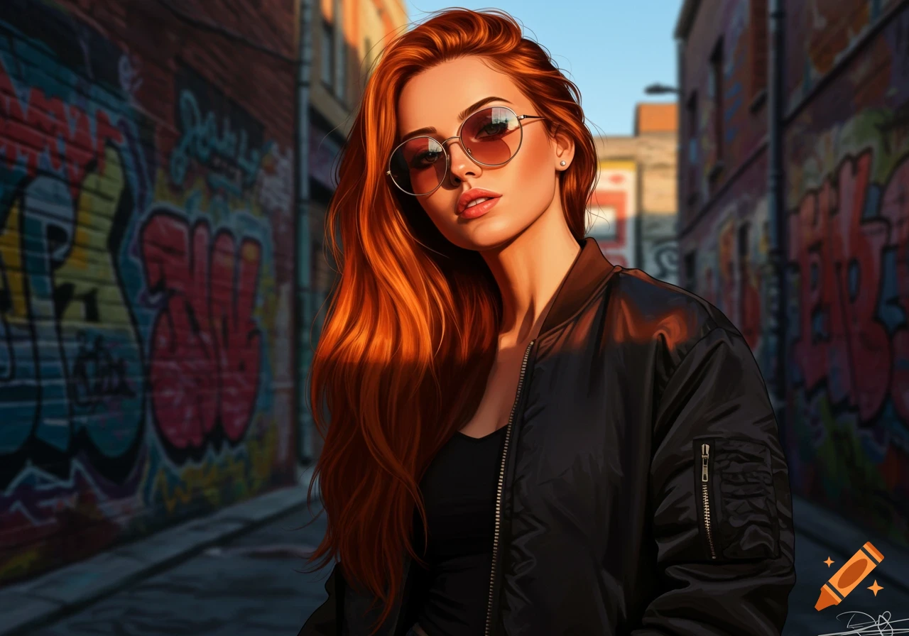 A digitally painted woman with long red hair, sunglasses, and a bomber jacket in a graffiti alley.