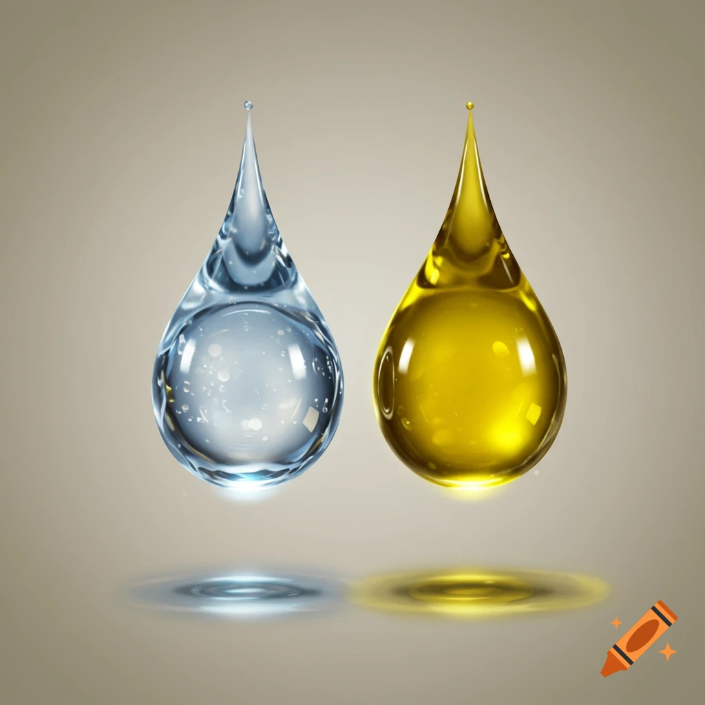 A clear blue water droplet floats next to a golden oil droplet, both casting reflections.