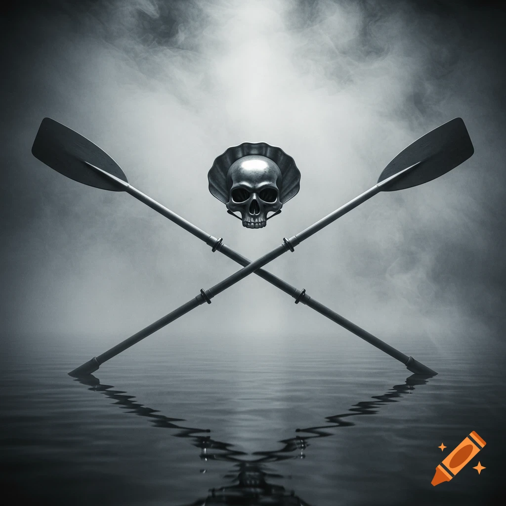 A stylized illustration of crossed sculling oars with a skull resembling a skull and crossbones over misty water.