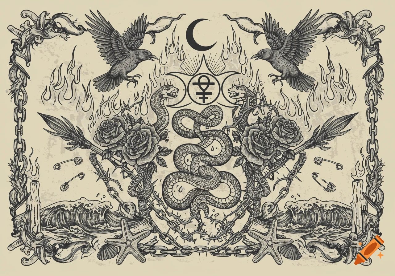 Detailed vintage screenprint illustration with gothic and mystical symbols: crows, snakes, roses, thorns, chains, moon, waves, starfish, and safety pins on a distressed background.