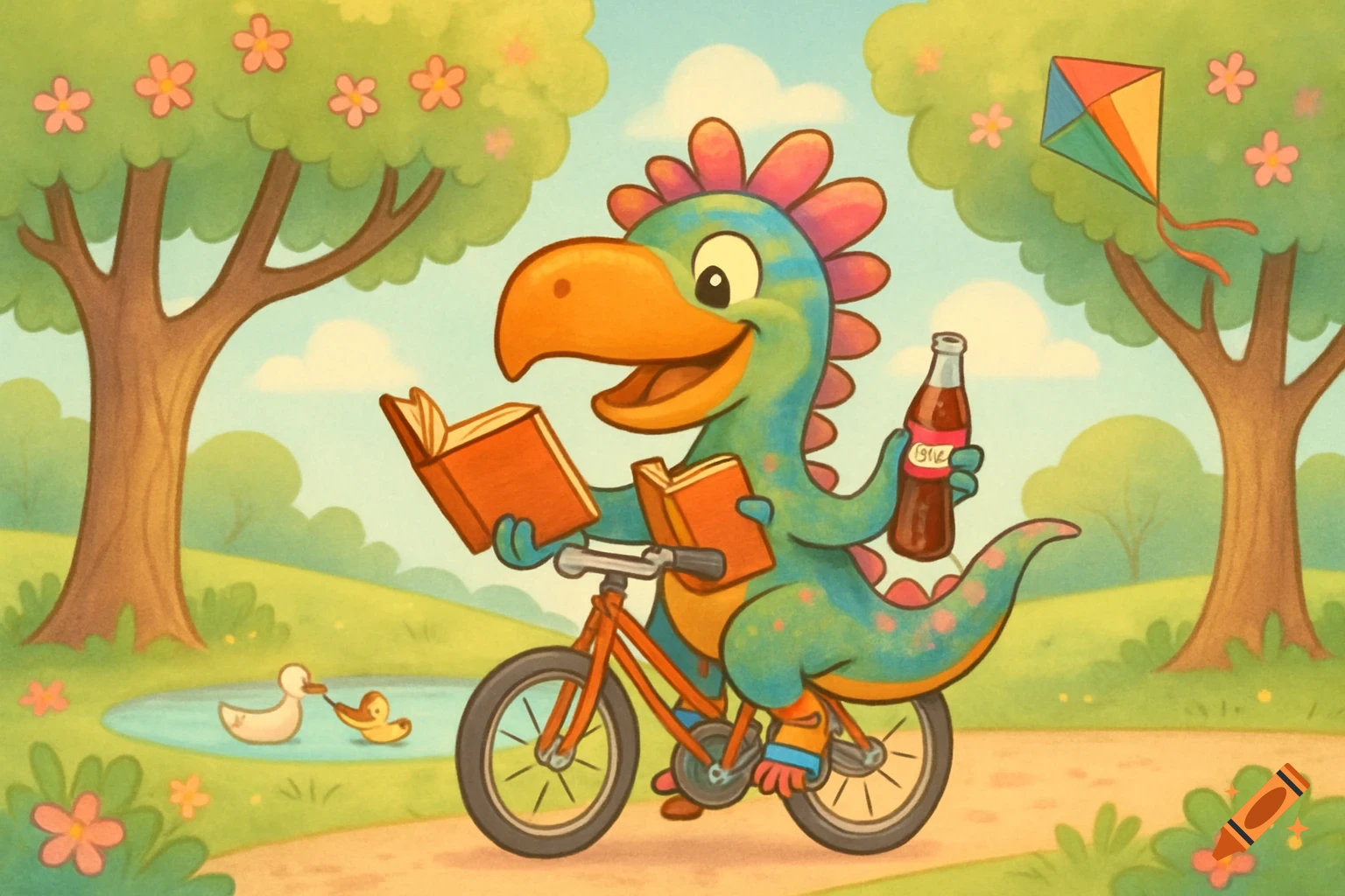A smiling cartoon dinosaur with a beak and socks rides a bike through a park, holding two books and a soda bottle.