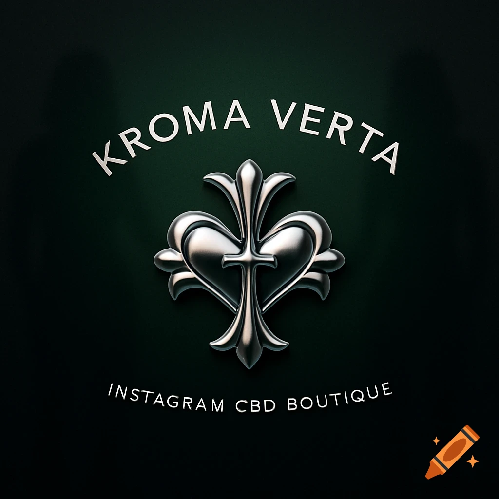 A stylized chrome heart emblem with a cross in the center, above the text "KROMA VERTA" and below "INSTAGRAM CBD BOUTIQUE," on a dark green to black gradient background.