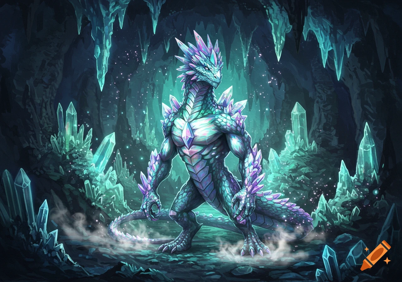 A detailed fantasy illustration of a crystalline dragon-like creature standing in a glowing crystal cave.