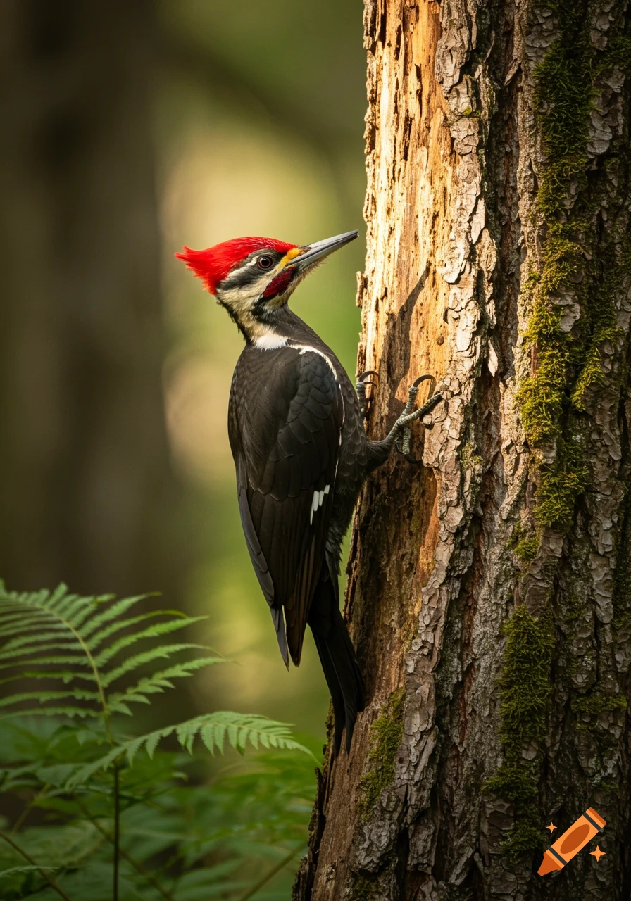 A photorealistic image of a pileated woodpecker with a red crest on a mossy tree trunk in a forest.