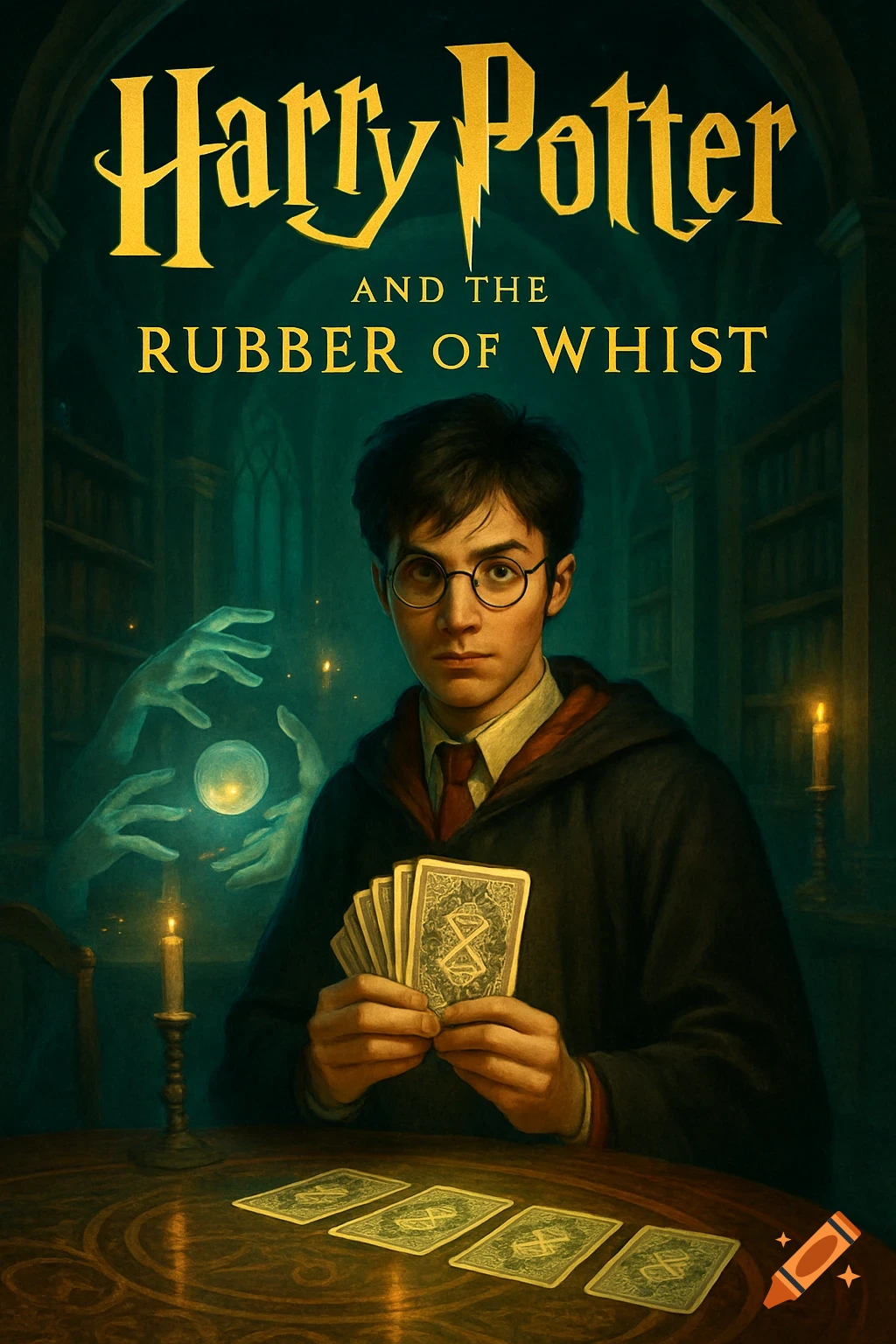 Illustrated book cover of a young man resembling Harry Potter holding cards, with ghostly hands and magical lights in a dark room. The title reads 'Harry Potter and the Rubber of Whist'.