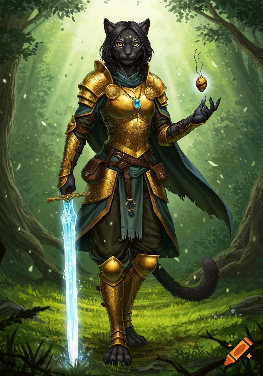 A female black furred Tabaxi paladin in golden armor stands in a sunlit forest, holding a glowing blue sword and a floating enchanted acorn.