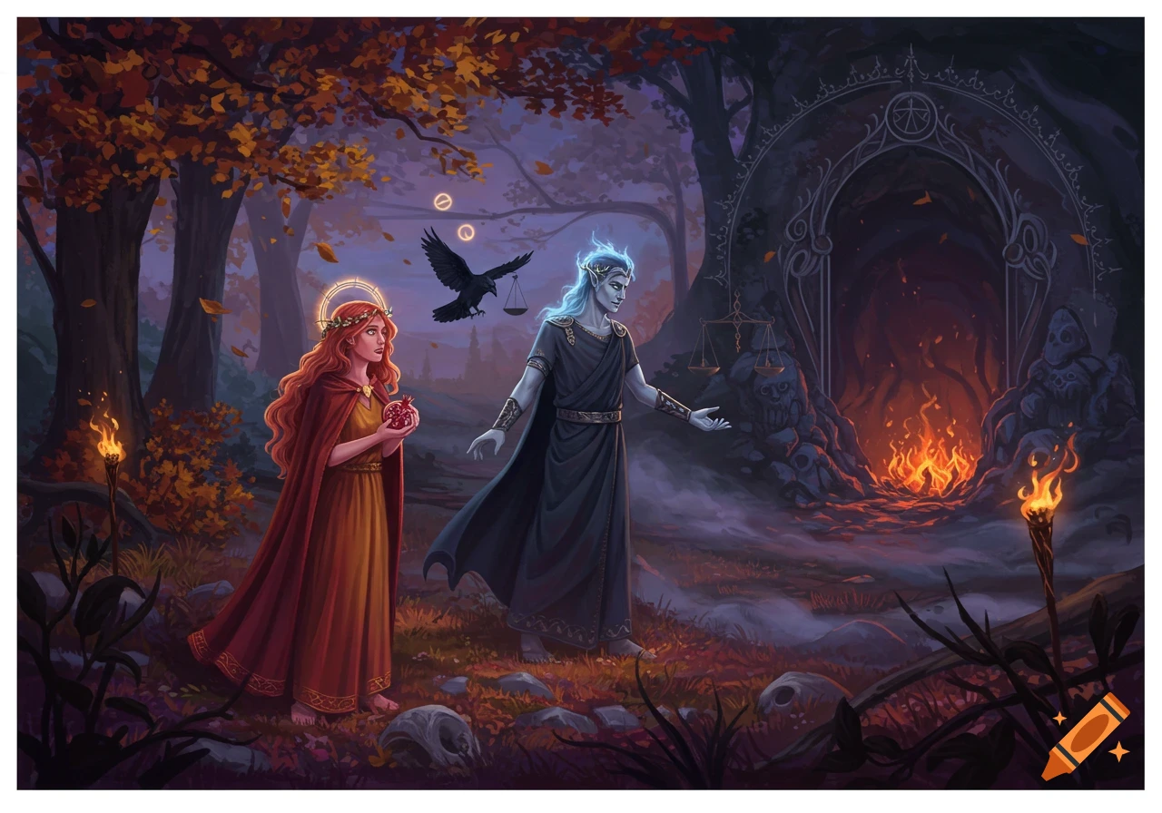 Persephone in red and gold robes holding a pomegranate stands with Hades in a dark cloak before a fiery underworld cave in an autumn forest.