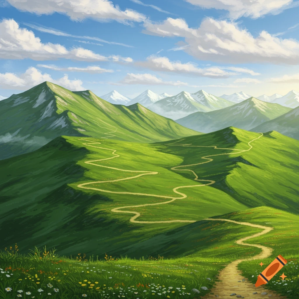 Painterly landscape of winding paths through lush green mountains under a bright blue sky with white clouds.