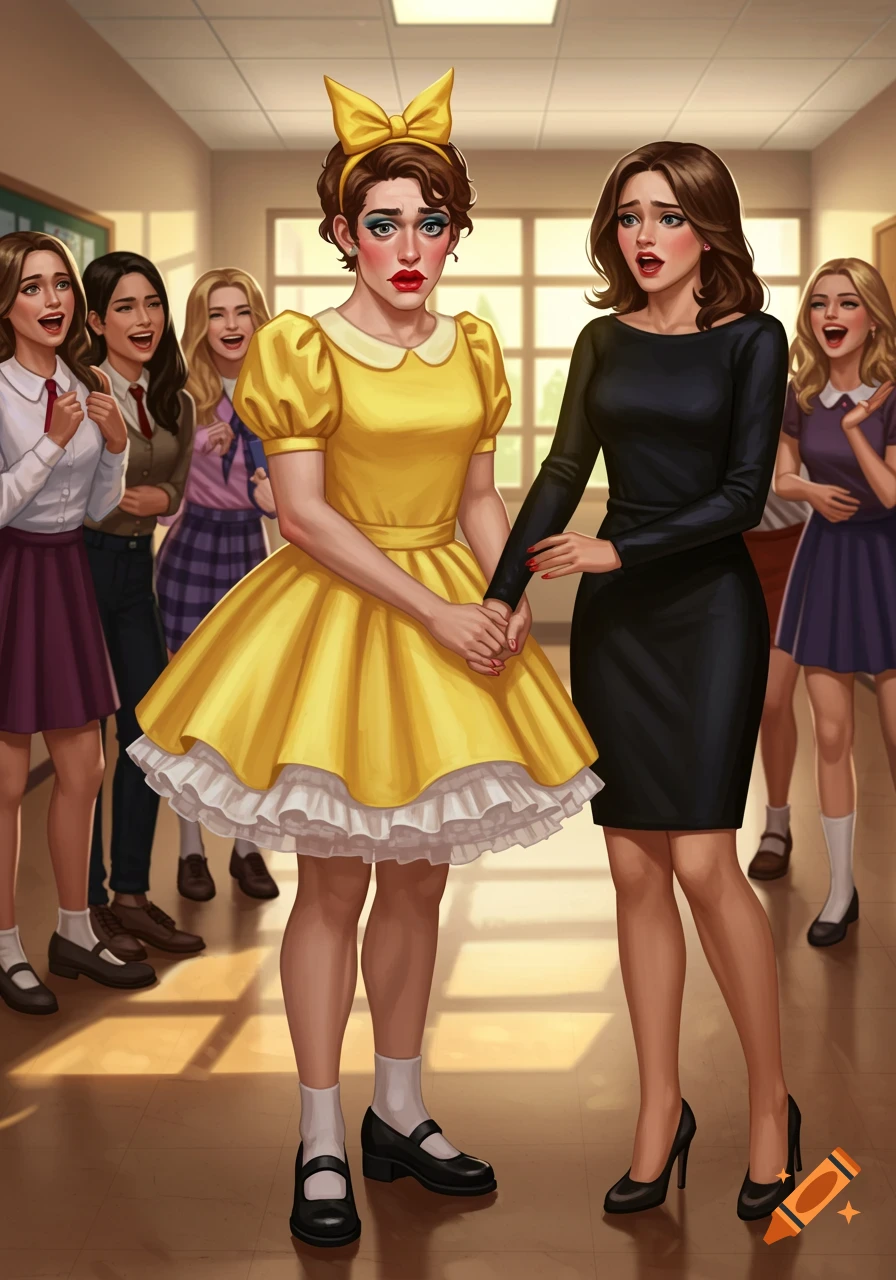 A digitally illustrated young man in a yellow dress, holding hands with a woman, looks embarrassed while surrounded by laughing schoolgirls in a hallway.