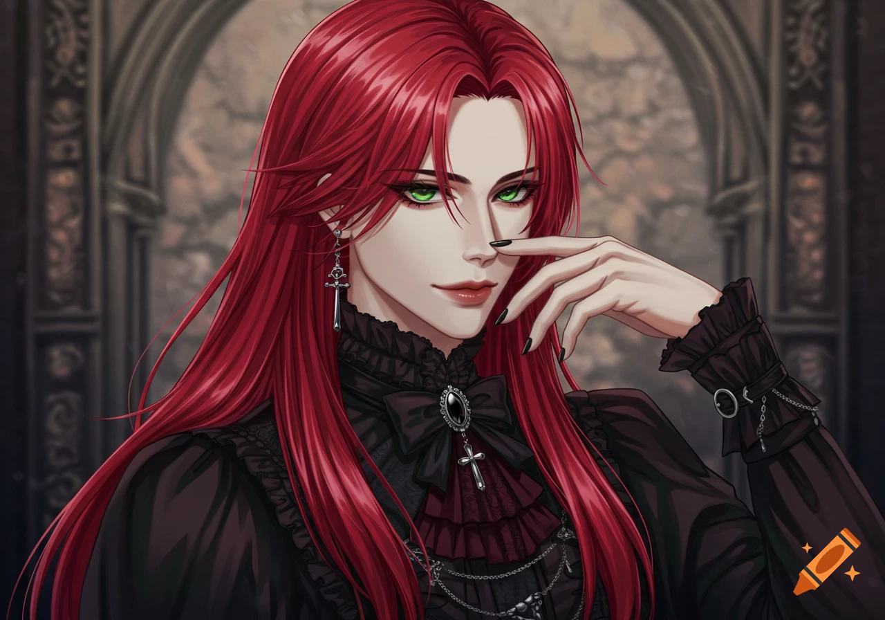 Anime portrait of a red-haired character with green eyes, wearing a gothic dress, hand lightly touching face.