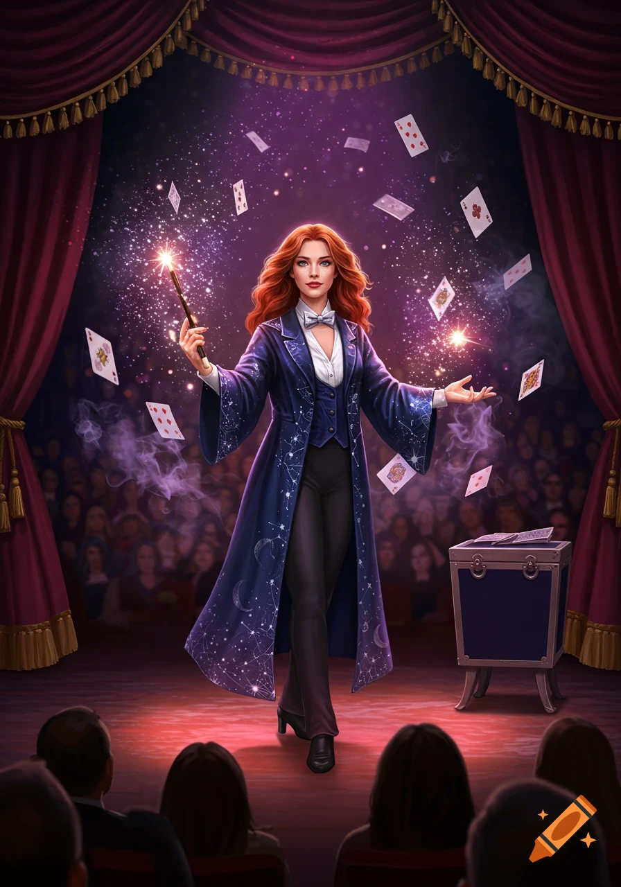 A red-haired female magician performs on a stage, casting spells with a wand amidst floating playing cards and a sparkling aura, with an audience watching.
