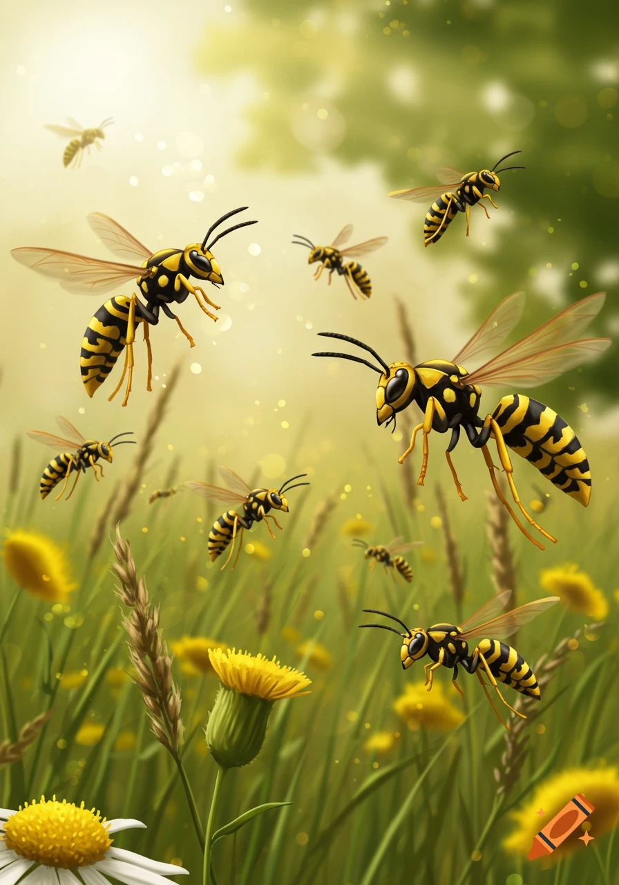 Multiple yellow and black striped wasps fly and hover in a sunny, green field with yellow flowers and tall grass.