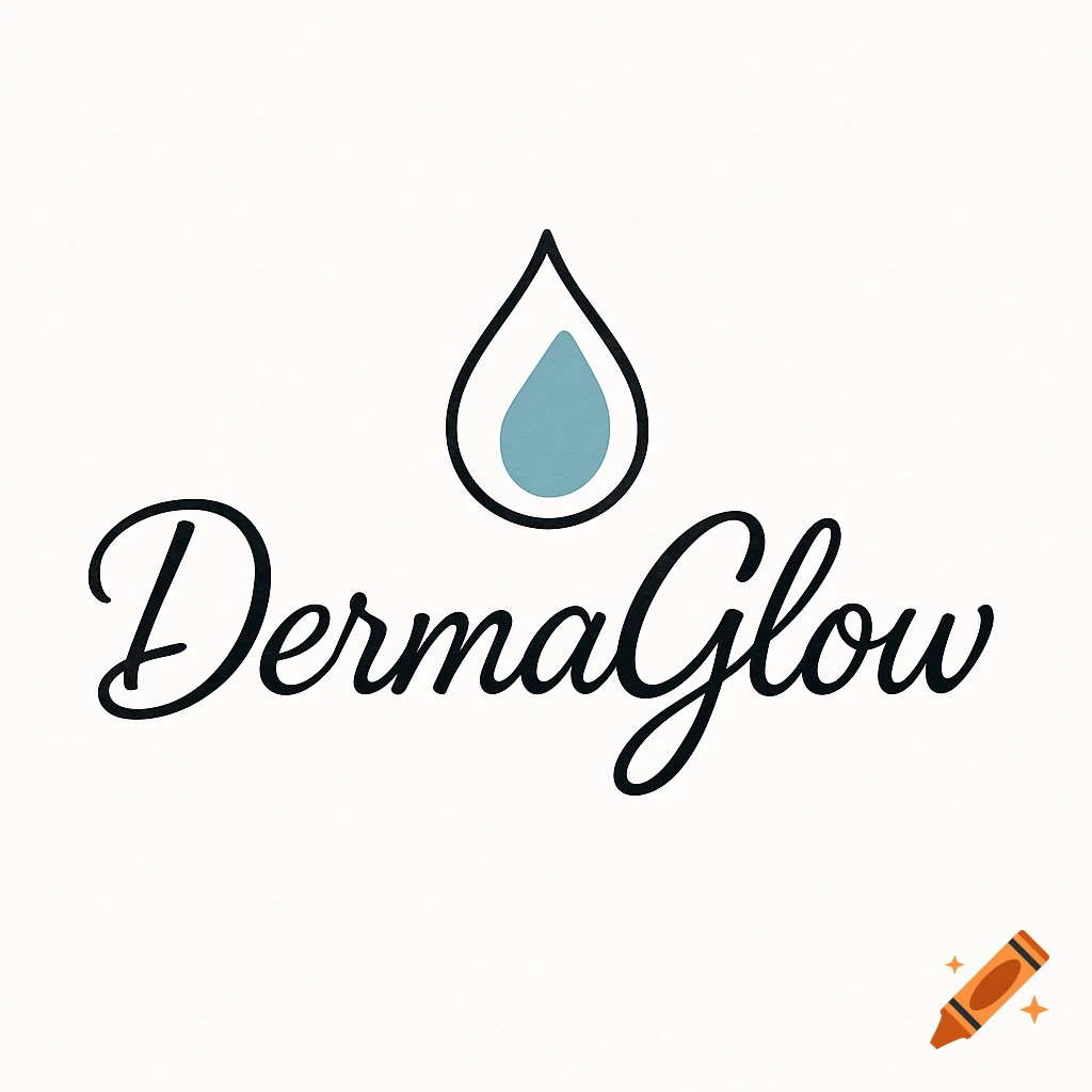 A minimalist logo with "DermaGlow" in elegant black calligraphy script below a black outline of a water drop with a light blue fill.