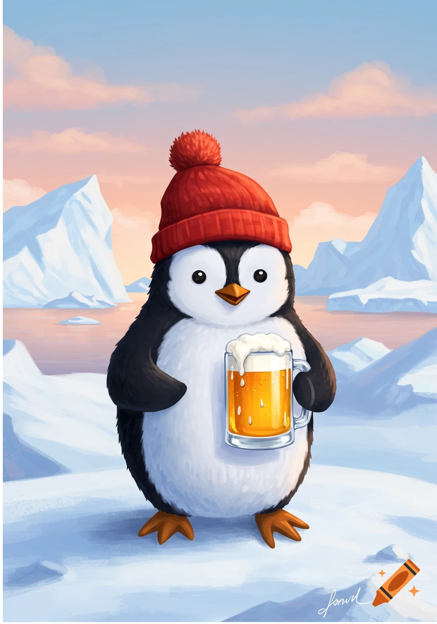A cute cartoon penguin wearing a red stocking cap holds a mug of foamy beer in a snowy arctic landscape with icebergs and a pink sky.