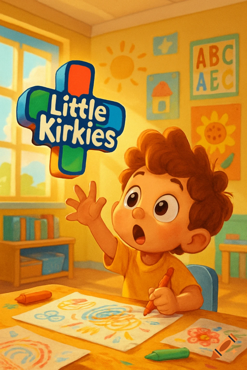 A cartoon boy draws at a desk in a sunny classroom, reaching up towards a "Little Kirkies" logo.
