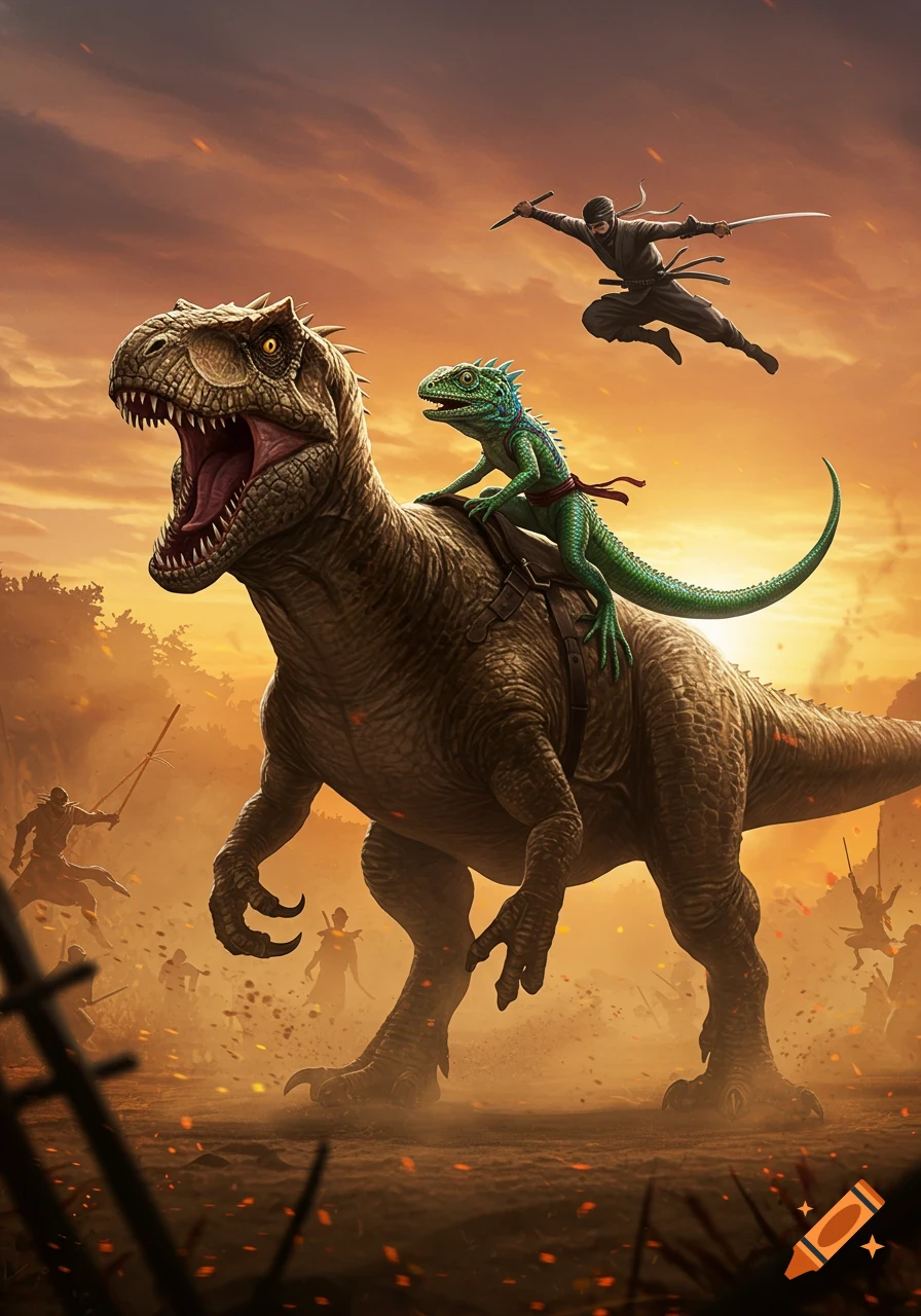 A T-Rex with a green lizard rider charges through a smoky battle scene with ninjas and other warriors under an orange sky. Stylized digital art.