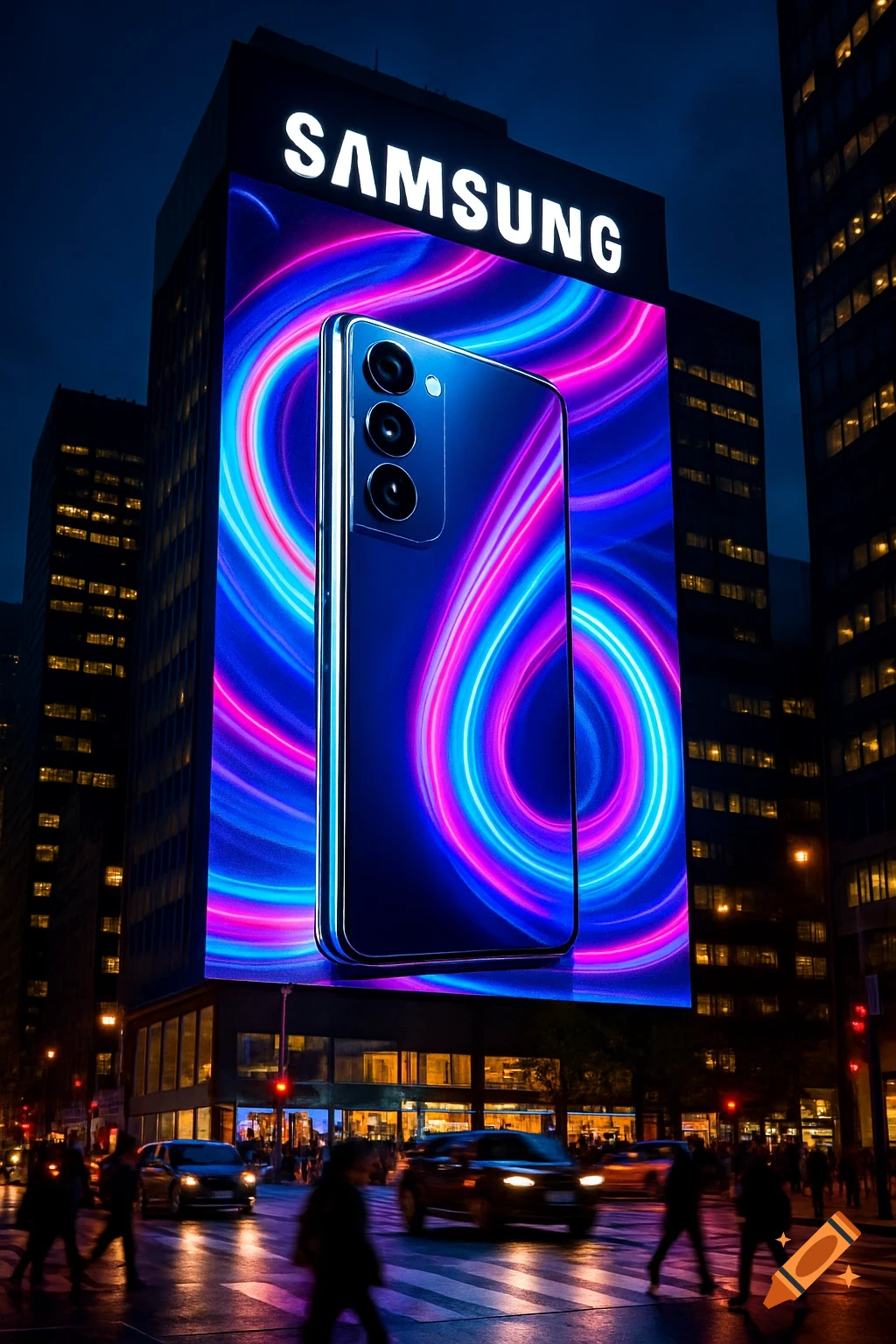 A tall building at night features a huge glowing Samsung billboard advertising a dark blue smartphone with a vibrant, swirling abstract background. A busy city street with cars and pedestrians is visible below.