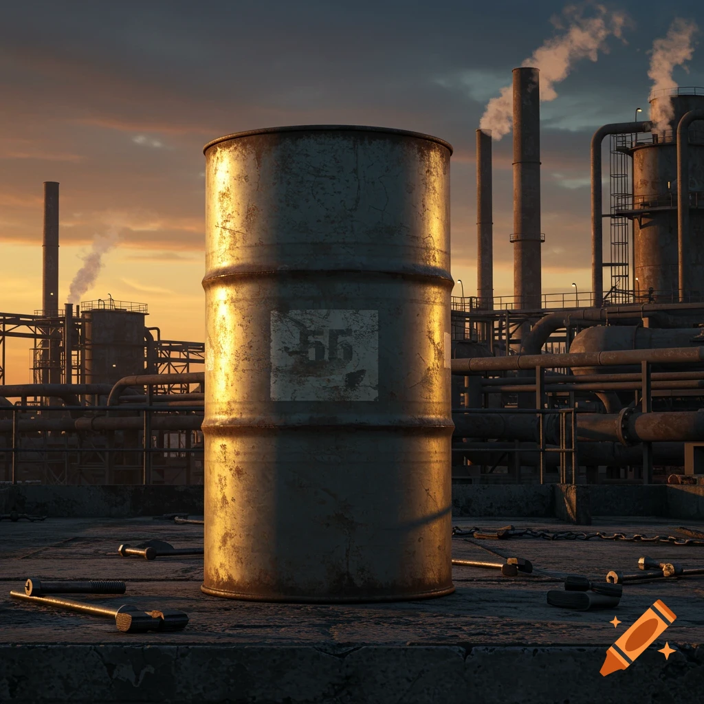 A rusty 55-gallon barrel with '55' on it sits on a concrete surface in an industrial complex at sunset.