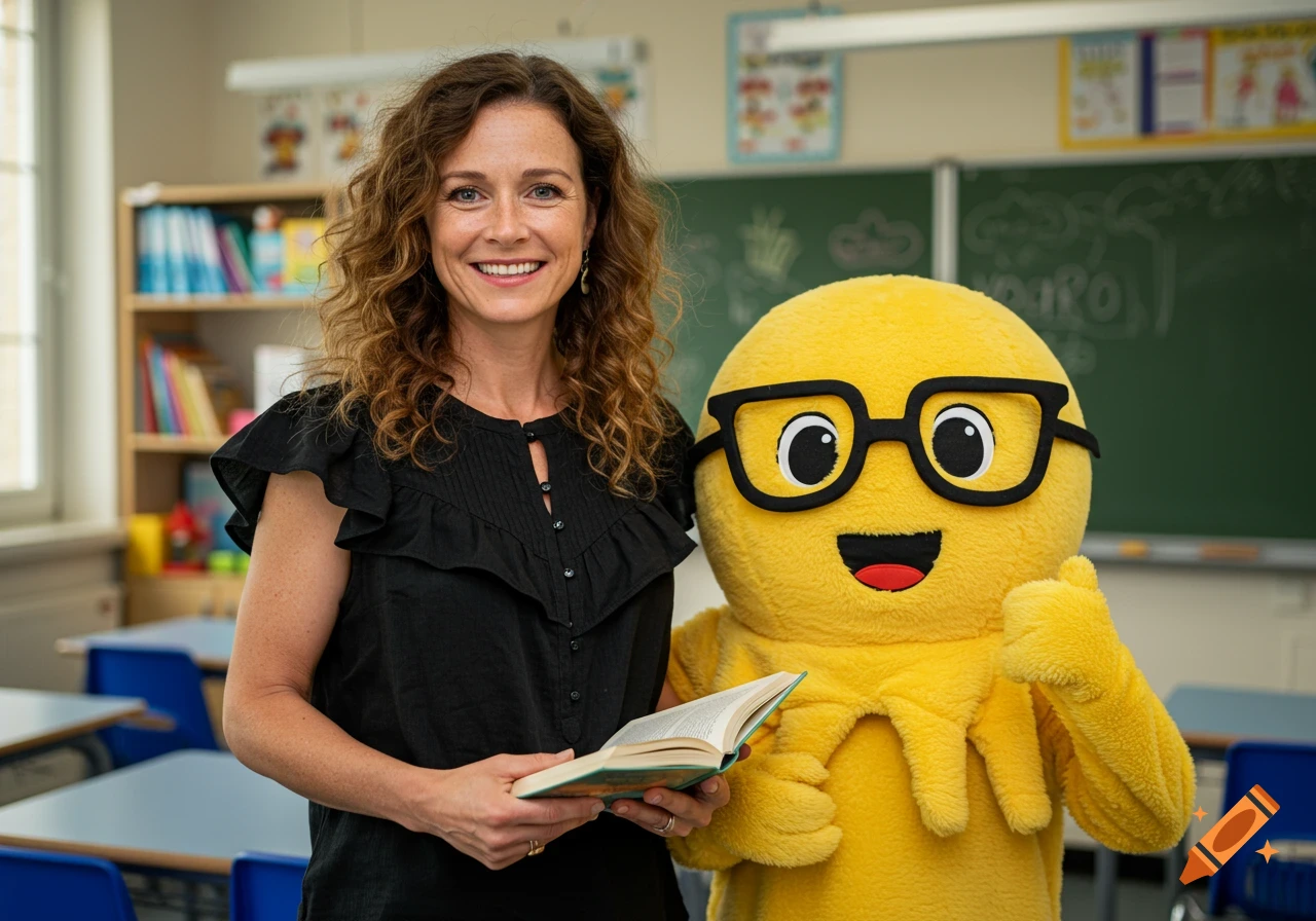 A smiling teacher with curly brown hair holds a book, standing next to a yellow octopus mascot with glasses in a bright classroom.