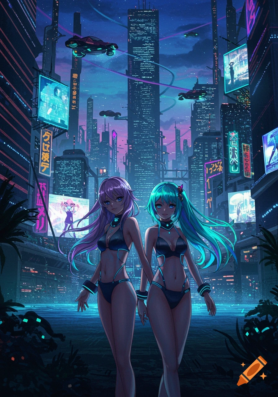 Two anime girls with purple and turquoise hair in black swimwear with glowing accents stand in a vibrant, futuristic cyberpunk city at dusk.