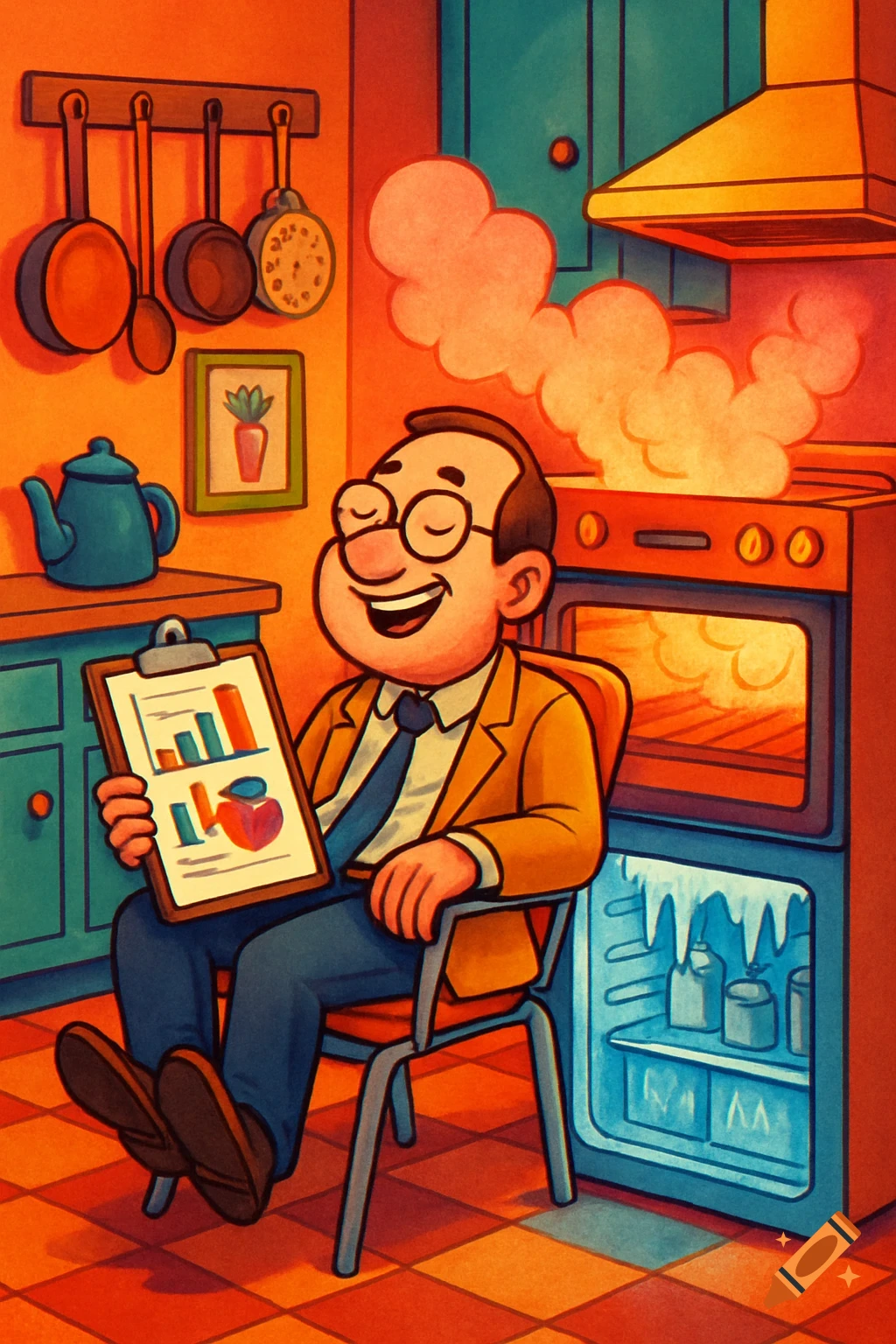 Cartoon of a smiling statistician with his head in an oven and feet in a fridge in a surreal kitchen scene.