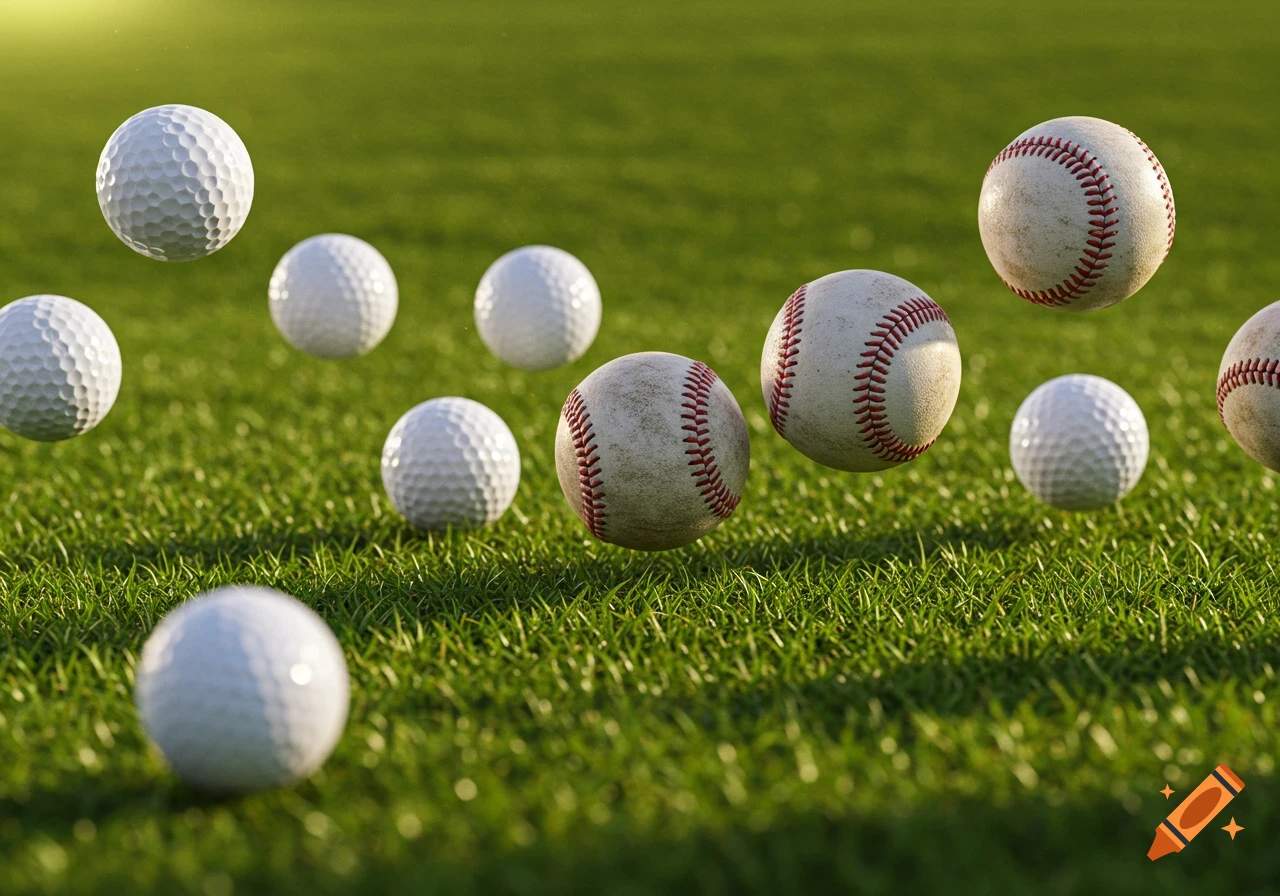 A scattering of golf balls and baseballs resting on and floating above green grass under natural light.