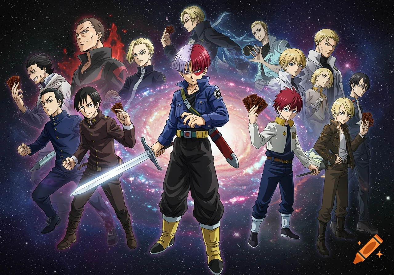 A group of anime characters from various series, including Trunks and Shoto Todoroki, pose with swords and trading cards against a vibrant galaxy background.