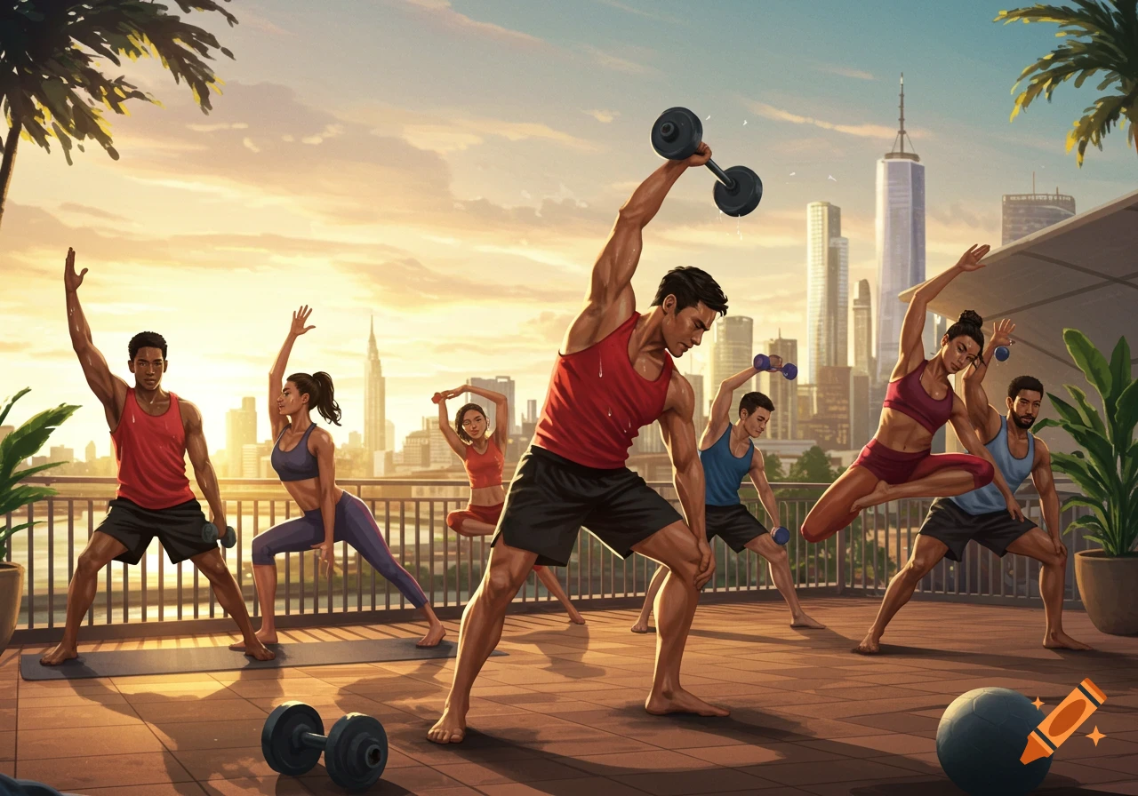 Diverse group exercising on a city rooftop at sunset, doing yoga and lifting weights. Digital illustration.