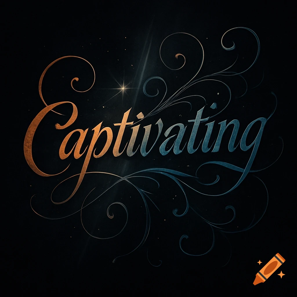 Ornate, gradient calligraphic text spelling 'Captivating' surrounded by decorative flourishes on a dark, star-speckled background.