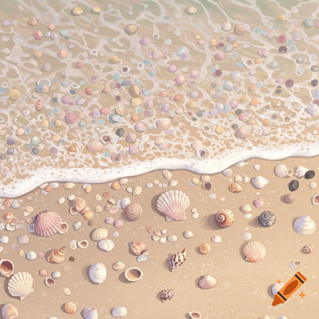 Overhead view of various colorful seashells scattered on a sandy beach with gentle waves.