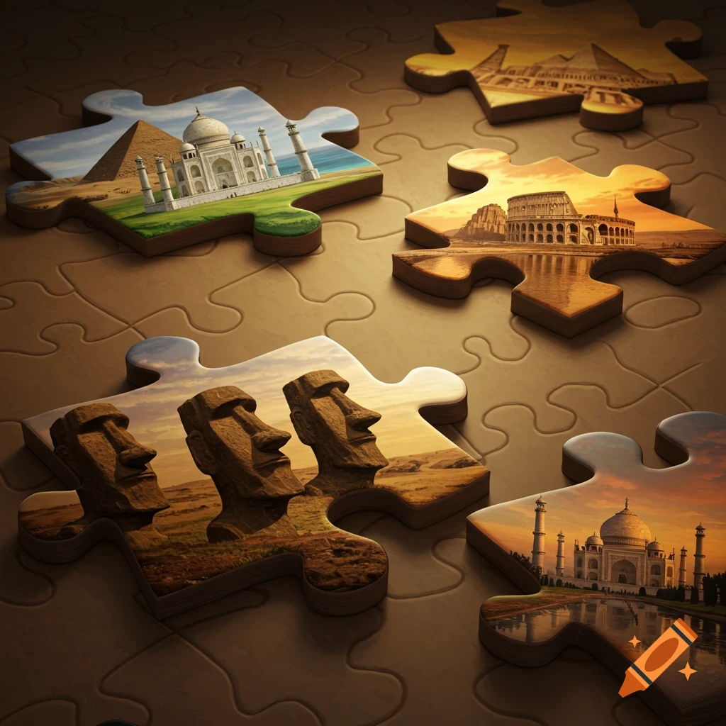 Jigsaw puzzle pieces featuring famous ancient landmarks like the Taj Mahal, Easter Island Moai, and the Colosseum.