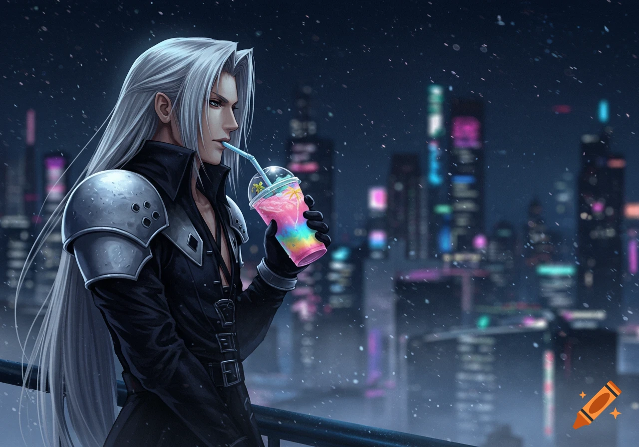 Anime character Sephiroth sips a rainbow smoothie on a snowy city rooftop at night.