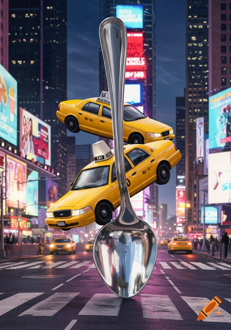 A giant spoon stands upright on a city street at dusk, with two yellow taxi cabs floating in the air behind it amidst towering illuminated billboards.