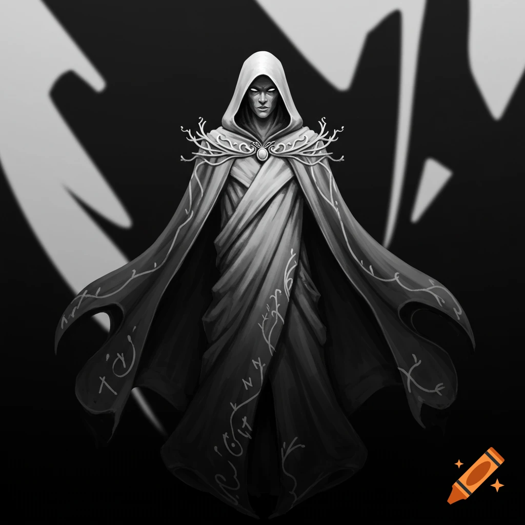 A black and white illustration of a hooded, cloaked figure with glowing eyes and intricate decorative patterns on their robes, standing against a dark background with a stylized shadow.