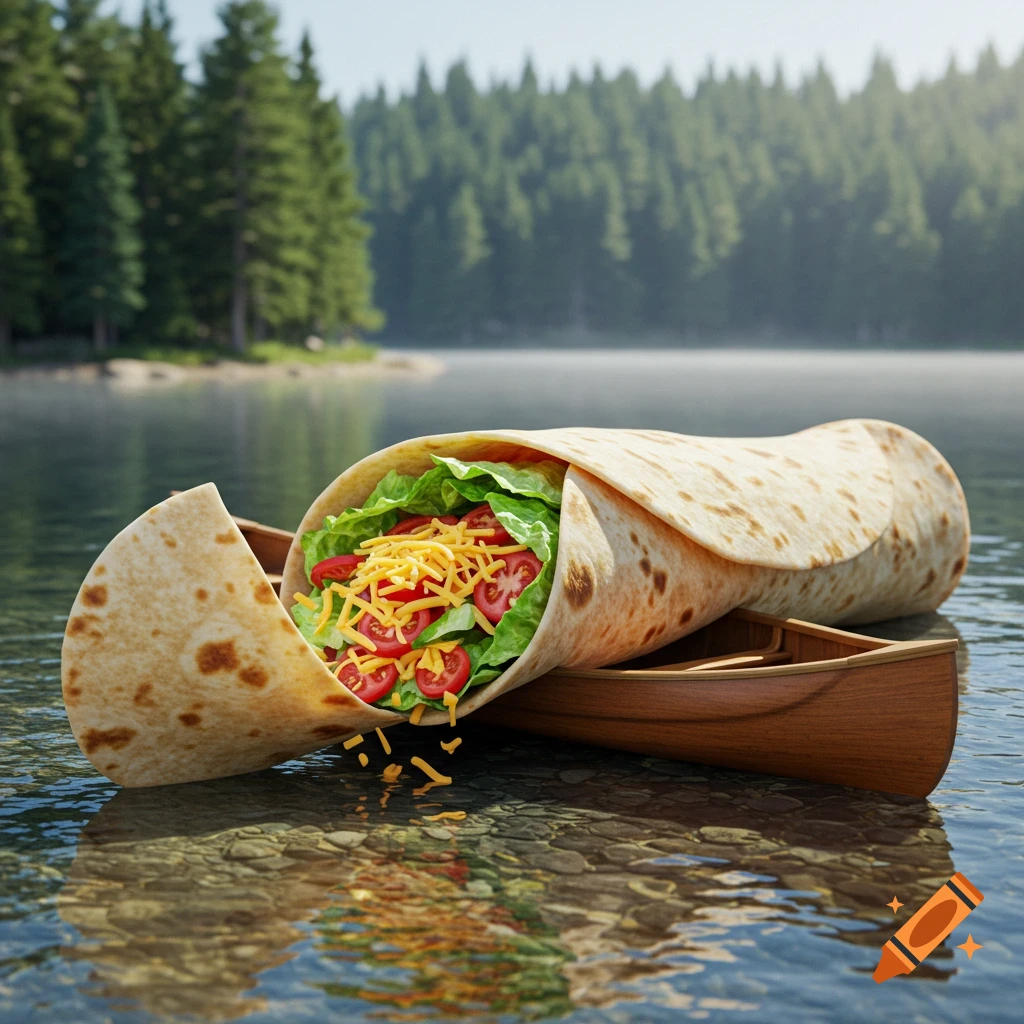 A giant burrito canoe floats on a tranquil lake with pine trees in the background.