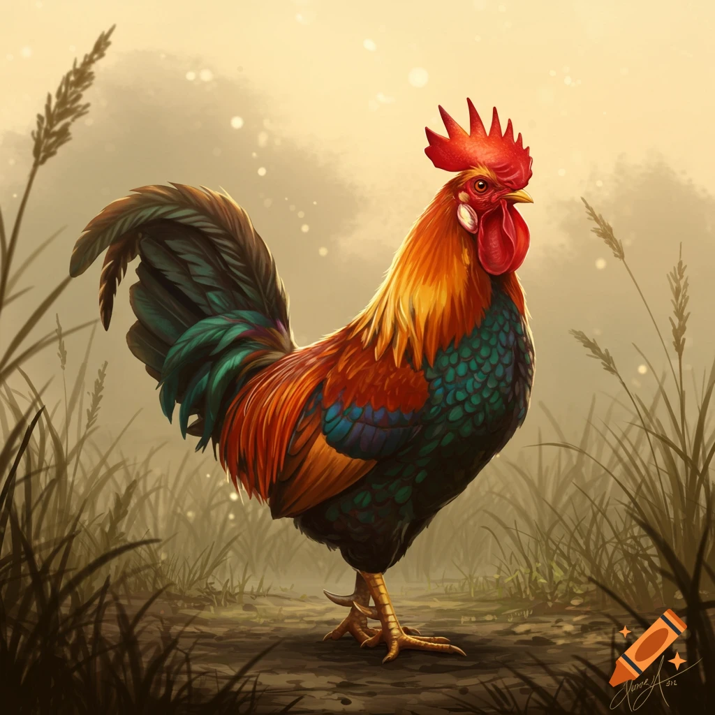 A vibrantly colored rooster stands in a grassy field with wheat stalks, depicted in a detailed illustration style.