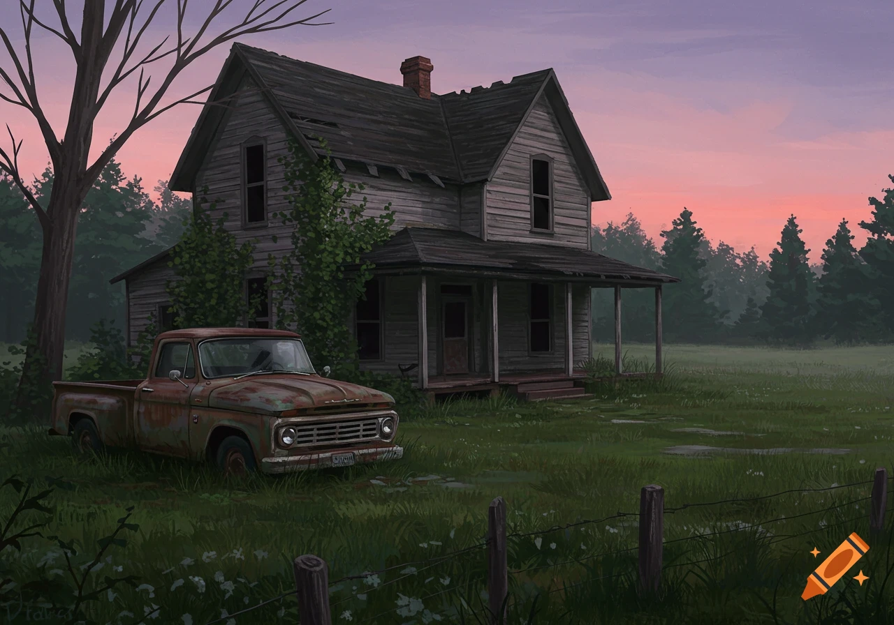 Digital painting of a dilapidated farmhouse with a rusty pickup truck in the overgrown yard under a colorful sunset.