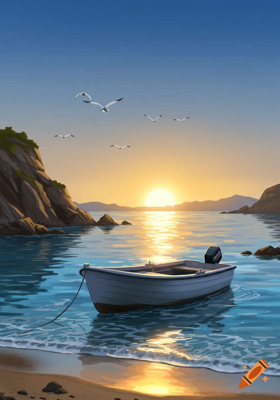 An illustrated small boat moored on a sandy beach at sunset with mountains and seagulls.