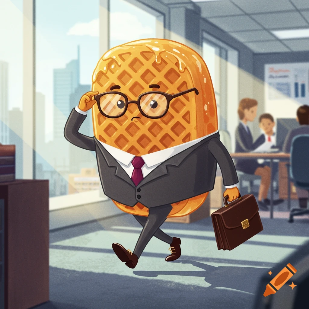 Cartoon waffle in a business suit and glasses, carrying a briefcase, walking through a sunny office.