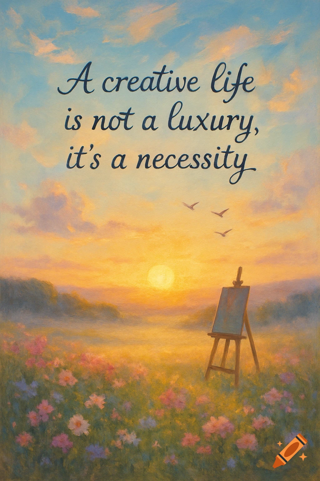 Painterly sunrise over a flower field with an easel and the quote 'A creative life is not a luxury, it's a necessity.'