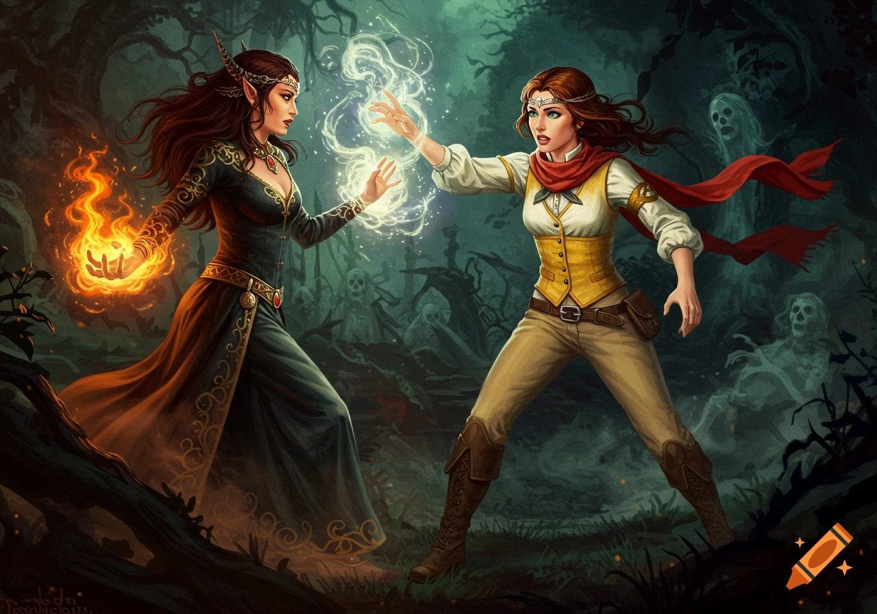 Two magic-wielding women, one with fire and one with light, battle in a dark, mystical forest with ghost-like figures, in a detailed fantasy art style.