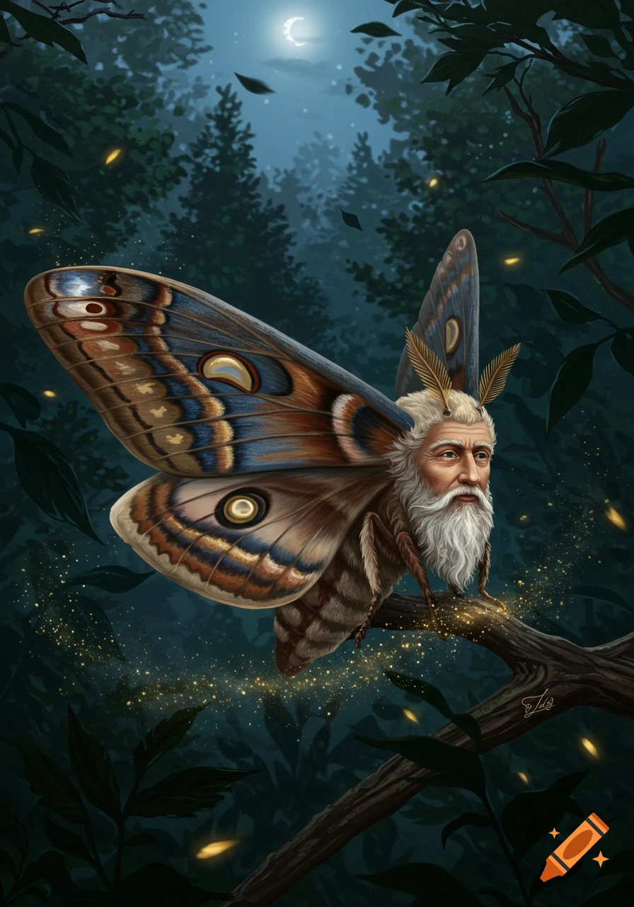 Detailed fantasy illustration of an old man's head on a moth body, perched on a branch in a moonlit forest with glowing dust.