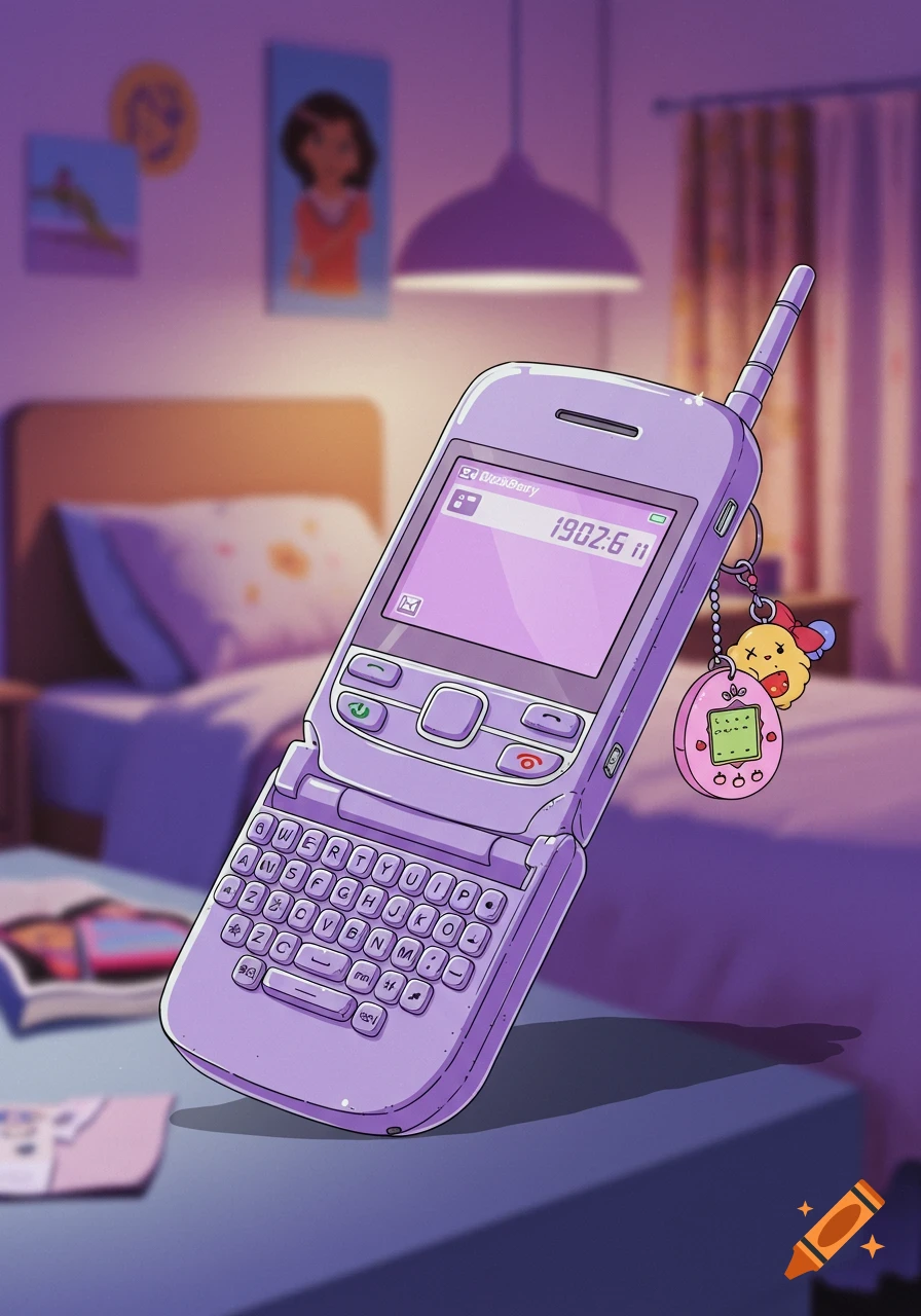 A purple retro flip phone with a QWERTY keyboard and antenna, displaying "1902:6" on its screen, sits on a table in a purple-lit bedroom. Tamagotchi charms hang from it.