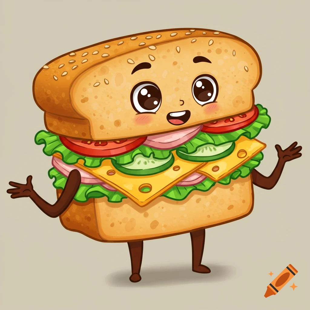 A cheerful anthropomorphic cartoon sandwich named Kai with big eyes, arms, and legs, made of golden-brown sesame bread, lettuce, tomato, and cheese.