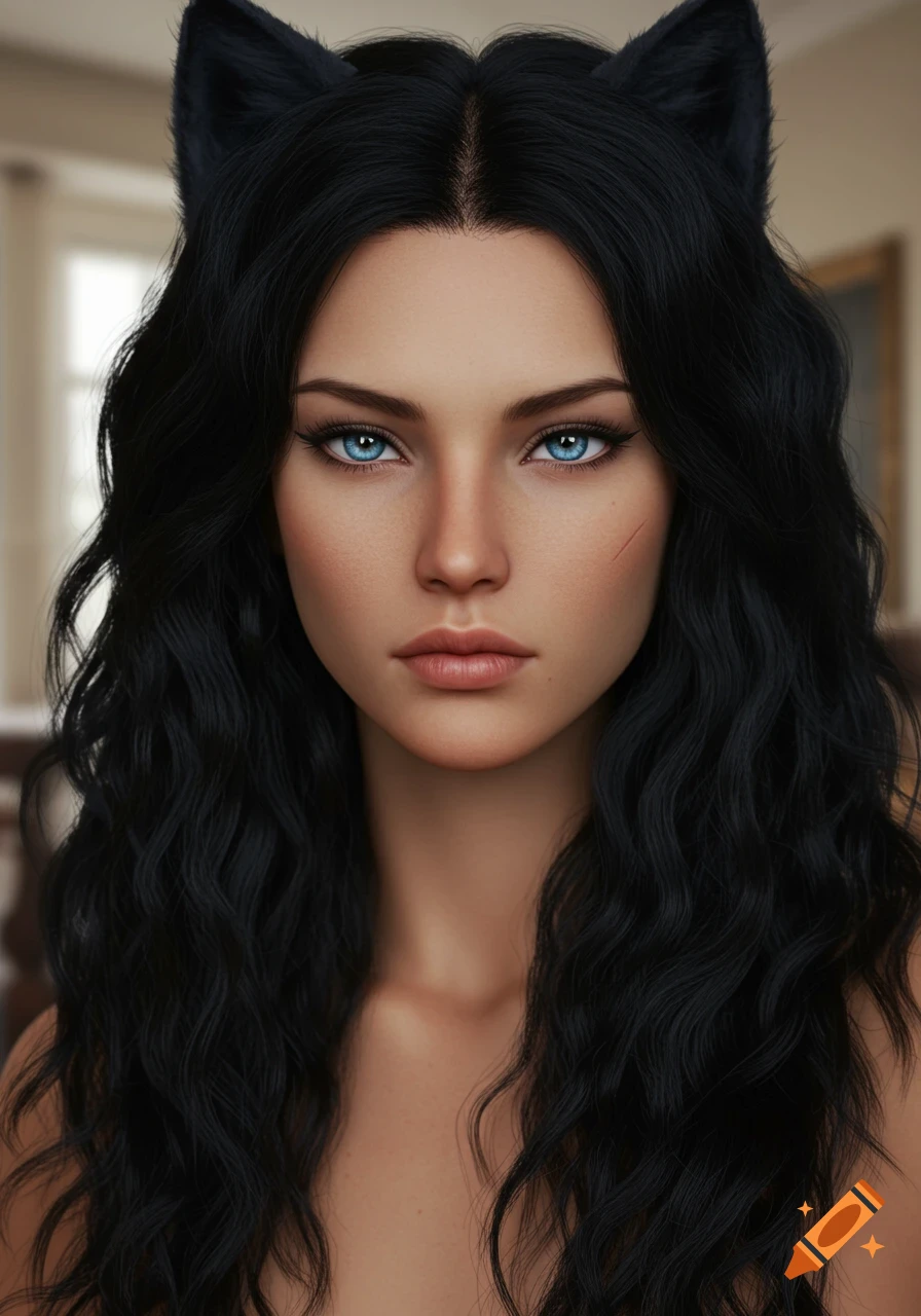 Photorealistic portrait of a woman with long black wavy hair, black cat ears, striking blue eyes, and a small scar on her cheek.