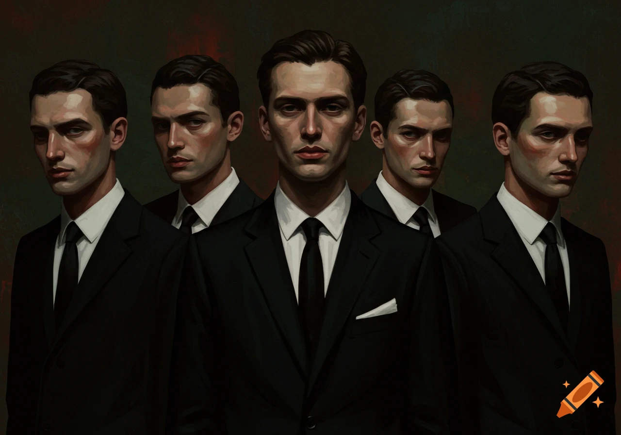 A moody painting of five men in black suits and white shirts, with expressive faces emerging from overlapping figures against a dark background.