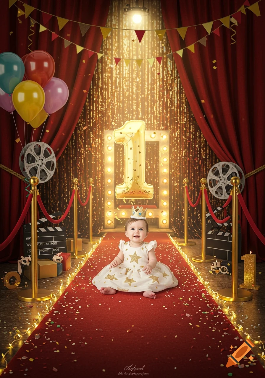 A baby wearing a crown and a white dress with gold stars sits on a red carpet. A large gold "1" balloon and movie props are in the background, creating a premiere-themed 1st birthday scene.