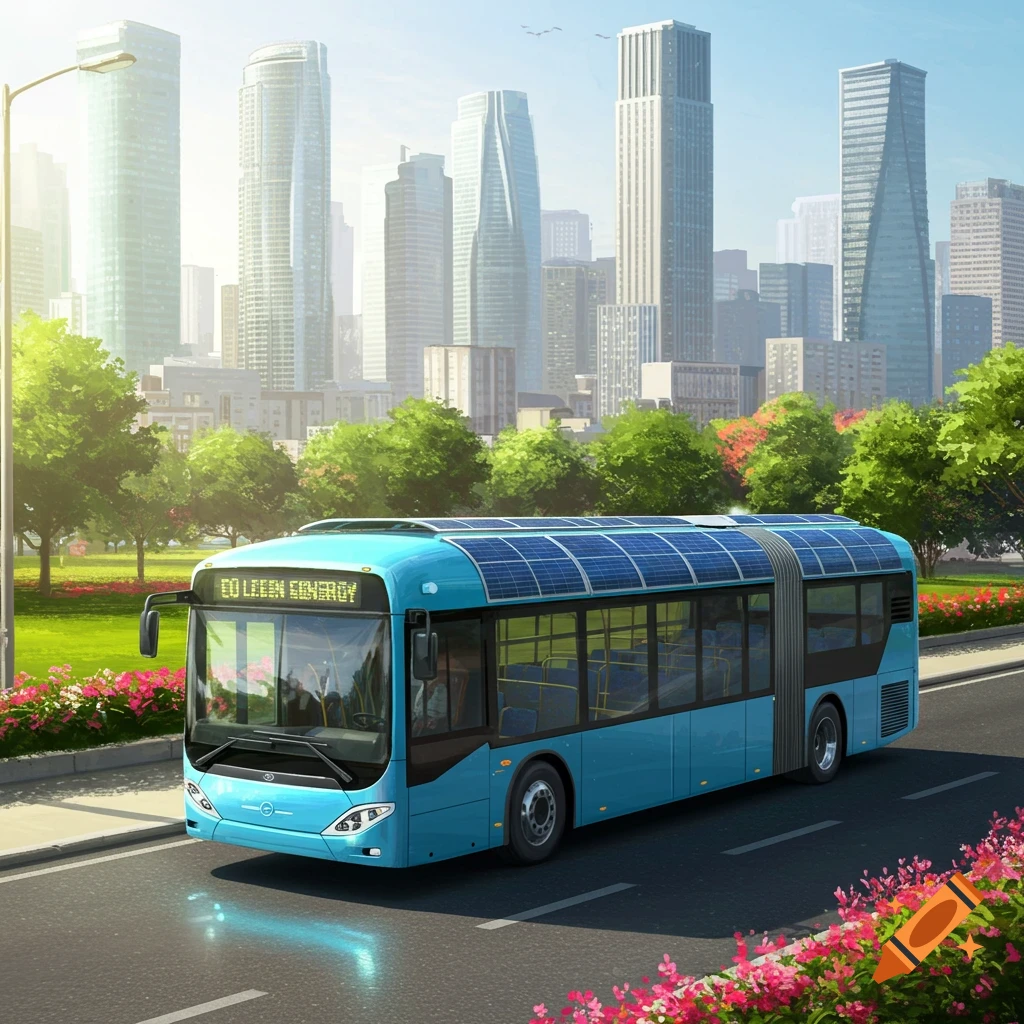A blue articulated city bus with solar panels on its roof drives through a vibrant, modern city with skyscrapers and lush greenery.