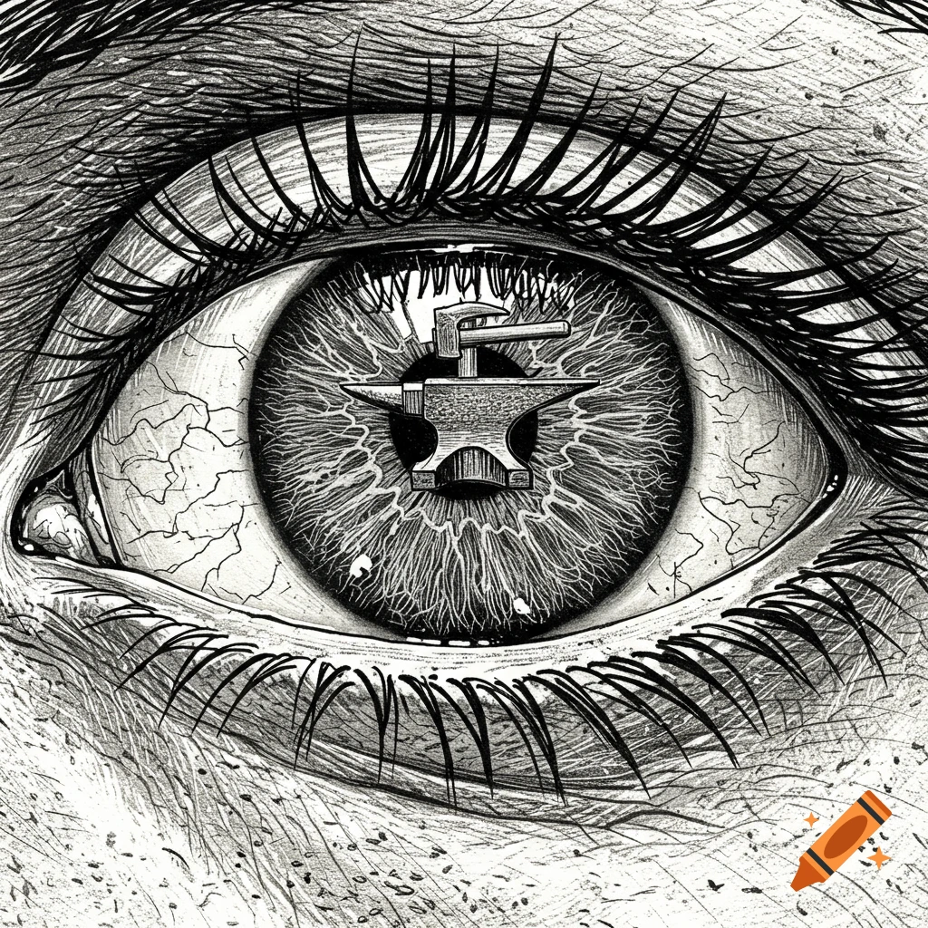 A detailed black and white sketch of an eye, with an anvil and hammer reflected in the pupil, in an engraving style.